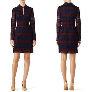 Trina Turk Womens Dress Size 6 Blue Red Rodin Colorblock Lace Long Sleeve Mini